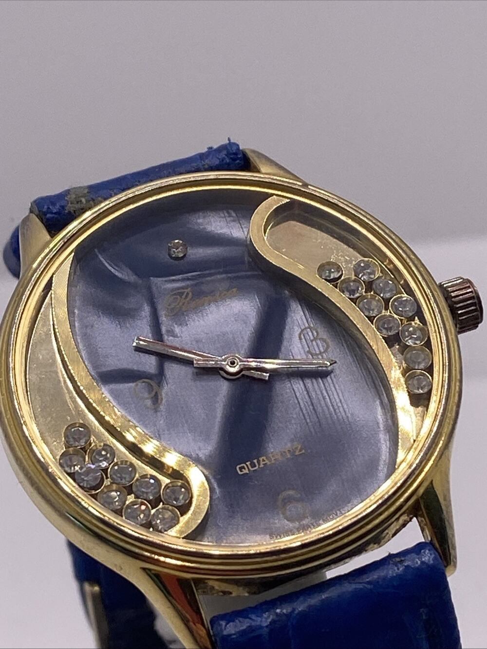 Womens Vintage Blue Gold Rhinestone Watch Works New Battery